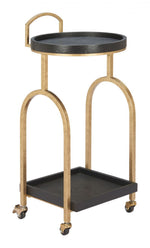 Modern Round Bar Cart – Black & Gold Oak Wood Storage by Zuo Modern