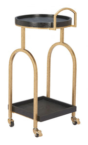 Zuo Modern Black Bar Cart – Rolling Storage with Oak Wood Shelves