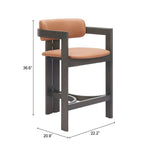 Bar stool with brown cushioned seat and backrest, shown with dimensions on a white background.