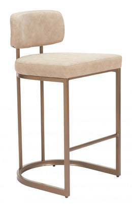 Modern Beige Counter Stool – Set of 2, Faux Leather with Bronze Legs