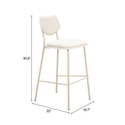 White bar stool with dimensions labeled 