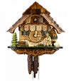 Hand-carved Black Forest cuckoo clock with Volksmarcher, cottage, tree, bench, and lamb
