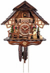 Chalet-style cuckoo clock with animated beer drinker, dog, deer, and Black Forest trees