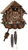 Hand-carved Black Forest cuckoo clock with two bears, cottage scene, and mechanical movement