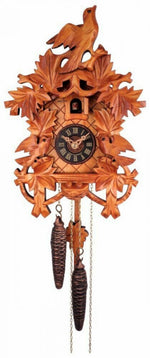 Cuckoo Clock with Three Birds and Nest – 10.5 in – Eight Carved Leaves and Light Color Stain By River City Clocks