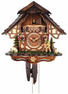 Chalet-style cuckoo clock with Volksmarcher walking past cottage, lamb, and Black Forest tree