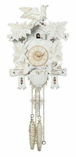 One Day Cuckoo Clock with Maple Leaves – 13 in – Moving Birds in White with Gold Accents By River City Clocks