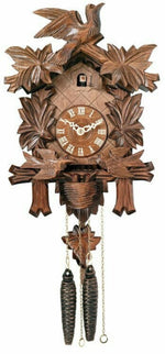 One Day Cuckoo Clock – 13 Inch Height – Carved Maple Leaves and Moving Birds By River City Clocks
