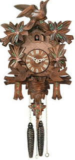 One Day Cuckoo Clock with Carved Maple Leaves – 13 in – Moving Birds and Hand-painted Flowers By River City Clocks