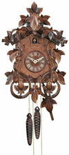 Hand-carved 14-inch cuckoo clock with intricate leaves and vines, maple leaf pendulum, and wooden dial