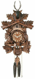 One Day Hunter’s Cuckoo Clock with Oak Leaves & Animals – 16 in – Buck and Crossed Rifles By River City Clocks