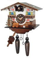 Quartz Cuckoo Clock – Hand-Painted Cottage Design – 7-inch Height with Bench and Tree – By River City Clocks