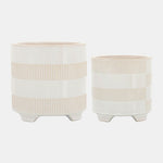 Sagebrook Home 14504-26 Ceramic, 6"/8" Textured Footed Planters, Beige Set of 2