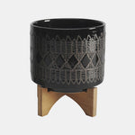 Sagebrook Home 15036-10 Ceramic, 8"/10" Aztec Planter On Wooden Stand, Black Set of 2