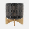 Sagebrook Home 15036-11 Ceramic, 5"/8" Aztec Planter On Wooden Stand, Black Set of 2
