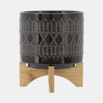 Sagebrook Home 15036-11 Ceramic, 5"/8" Aztec Planter On Wooden Stand, Black Set of 2