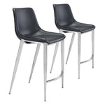 Zuo Modern Magnus Counter Stool Set of 2 – 39.8" High Black Faux Leather Seat With Brushed Silver Stainless Steel Frame