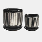 Sagebrook Home 15786-03 5"/6" Vertica Lines Planter With Saucer Ceramic, Black Set of 2
