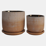 Sagebrook Home 15793-03 5"/6" Textured Planter With Saucer Ceramic, Gold Set of 2