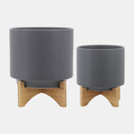 Sagebrook Home 15798-04 8"/10" Planter With Wood Stand, Matte Gray Set of 2