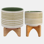 Sagebrook Home 15799-04 5"/8" Aztec Planter With Wood Stand, Olive Set of 2