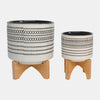 Sagebrook Home 15801-05 Ceramic, 5"/8" Aztec Planter With Wood Stand, Gray Set of 2