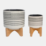 Sagebrook Home 15801-05 Ceramic, 5"/8" Aztec Planter With Wood Stand, Gray Set of 2