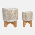 Sagebrook Home 15805-04 5"/8" Chevron Planter With Wood Stand, Beige Set of 2