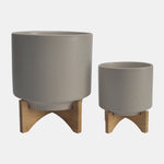 Sagebrook Home 15818-05 Ceramic, 8"/10" Planter With Wood Stand, Matte Beige Set of 2