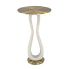 Modern side table with white base and gold accents on a white background