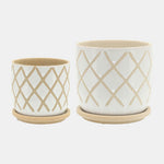 Sagebrook Home 16111-04 5"/6" Cross Planter With Saucer Ceramic, White Set of 2