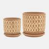 Sagebrook Home 16113-04 5"/6" Cross Planter With Saucer Ceramic, Tan Set of 2