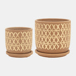 Sagebrook Home 16113-04 5"/6" Cross Planter With Saucer Ceramic, Tan Set of 2