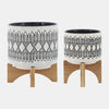 Sagebrook Home 16401-10 Ceramic, 5"/8" Aztec Planter On Wooden Stand, Gray Set of 2