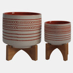 Sagebrook Home 16401-11 Ceramic 5"/8" Aztec Planter On Wooden Stand, Orange, Set of 2