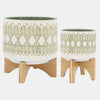 Sagebrook Home 16401-12 Ceramic 5"/8" Aztec Planter On Wooden Stand, Set of 2