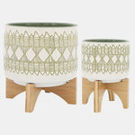 Sagebrook Home 16401-12 Ceramic 5"/8" Aztec Planter On Wooden Stand, Set of 2