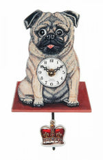 Pug Dog Shaped Quartz Wall Clock with Moving Eyes and Swinging Pendulum – 6 in – River City Clocks
