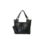 AmeriLeather Hazelle Black Leather Handbag – Lambskin Shoulder Bag with Woven Panels, Zippered Pockets & Bonus Coin Purse, 16"