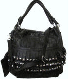AmeriLeather Tutu Leather Handbag – Lambskin, Fringe Detail, Silver Studs, Detachable Strap, 16" Tote