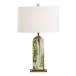 Uttermost Moorea Green Marble Table Lamp – Natural Veined Marble with Brass Accents and White Linen Shade, 28” High