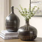 Geometric Ivory Lines Black Ceramic Graphite Stride Vases, Set of 2