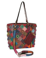 AmeriLeather Maxille Leather Tote Bag – Top-Grain Cowhide, Multicolor Floral Design, Bonus Coin Pouch, 16" Handbag for Women