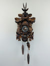Hunter’s Style 16-Inch German Quartz Cuckoo Clock with Carved Oak Leaves and Wildlife Figures