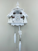 White Cottage Cuckoo Clock 13-Inch with Pine Trees, Silver Accents and Hourly Cuckoo by River City Clocks