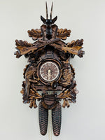 Eight Day Hunter’s Cuckoo Clock – 20 in Height – Hand-Carved Oak Leaves & Animals – By River City Clocks