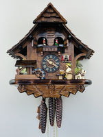14" Musical Cuckoo Clock Cottage – Beer Drinker, Waterwheel & Dancers