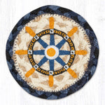 Earth Rugs Nautical Ship Wheel Printed Coaster – 5"x5" Braided Jute Square, Rustic Blue