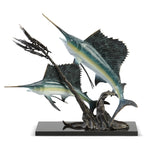 SPI Home Brass Sailfish Chasing Ballyhoo Figurine – 21" Detailed Ocean Predator Scene for Coastal and Marine-Themed Decor