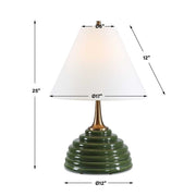 Green table lamp with white shade and dimensions on a white background